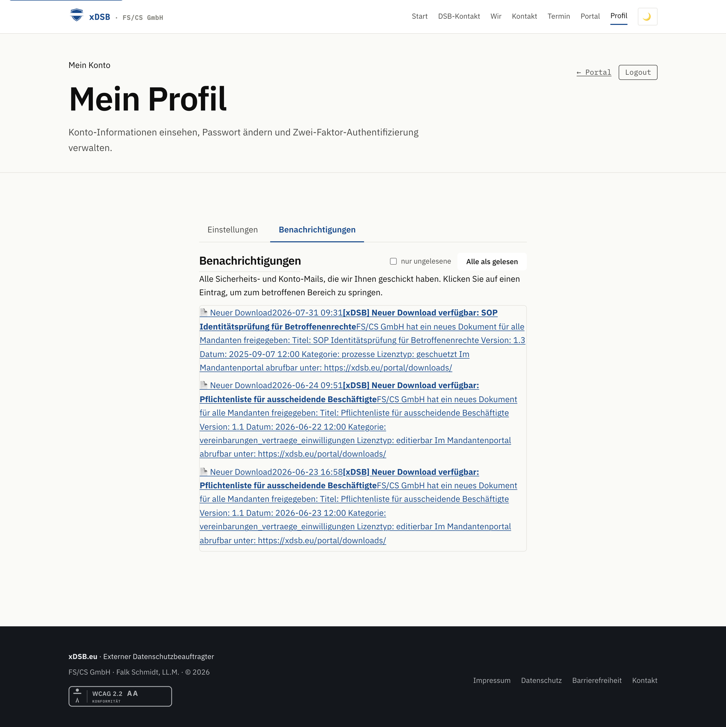 Reiter Benachrichtigungen mit Filter und Liste